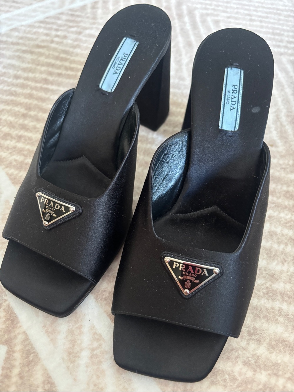 Prada Black Satin Triangular Logo Mule Heels - Picture 2 of 7